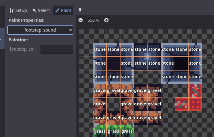 Footstep sounds are painted onto the tilemap as a custom data layer.