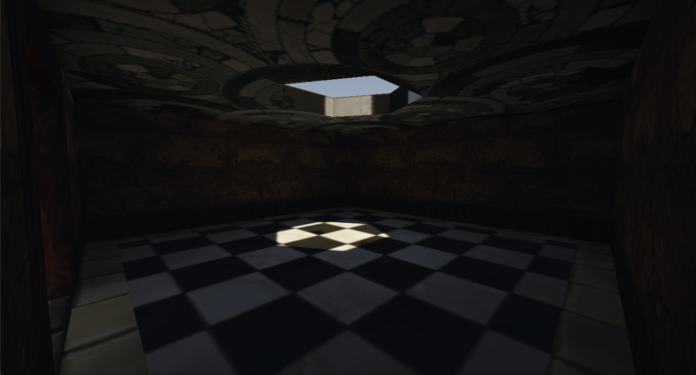 A room made out of flat shapes in a low-poly art style.  The room is illuminated by a rectangular skylight.